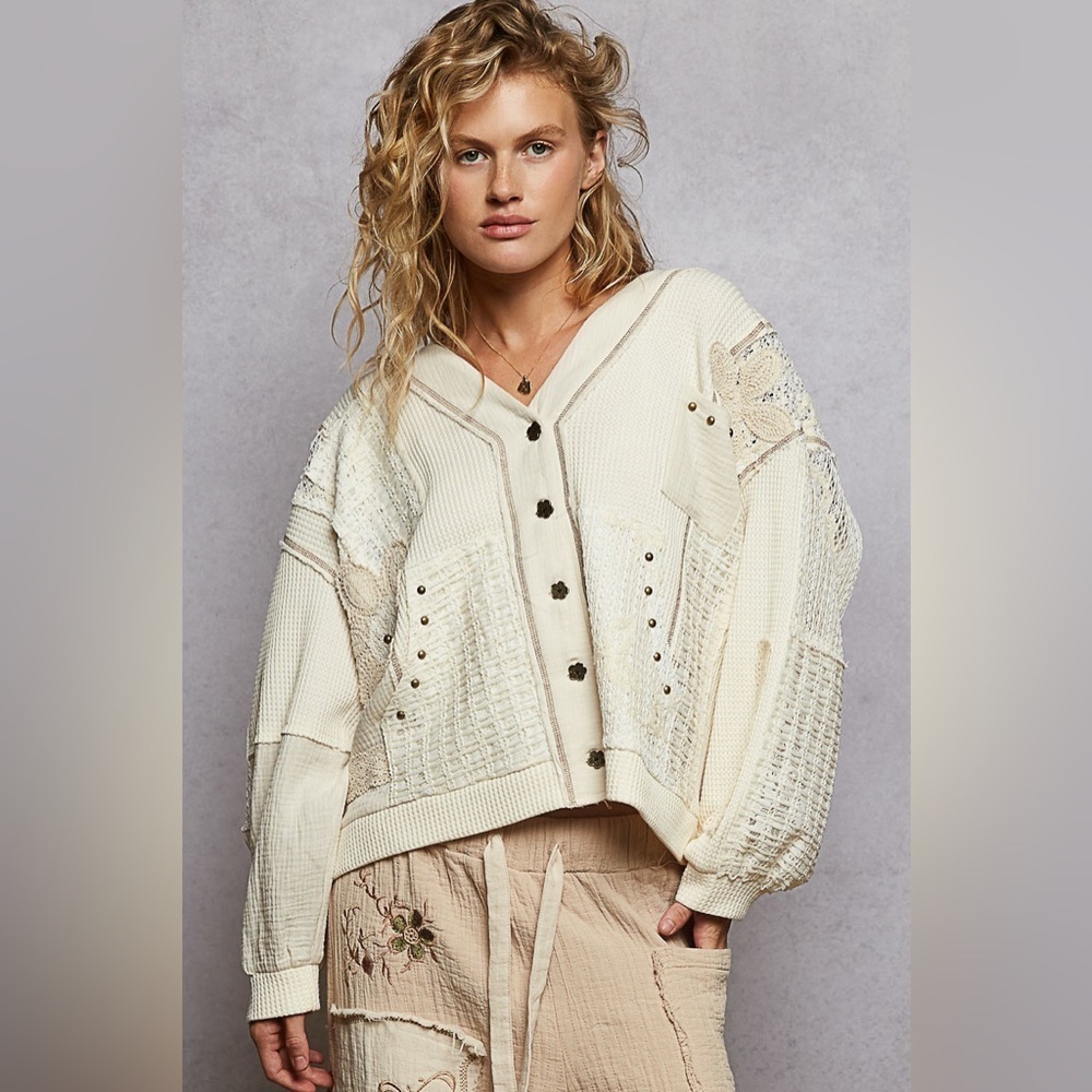 ⚡️ POL “ Cottage Charm “ Patchwork Cadigan Thermal Hoodie Cardigan | Cream - Picture 6 of 9